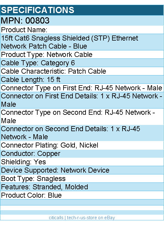 C2G 00803 15ft Cat6 Ethernet Cable - Snagless Shielded (STP) - Blue