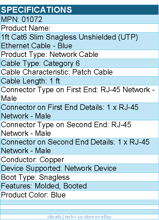 C2G 01072 1ft Cat6 Ethernet Cable - Slim - Snagless Unshielded (UTP) - Blue
