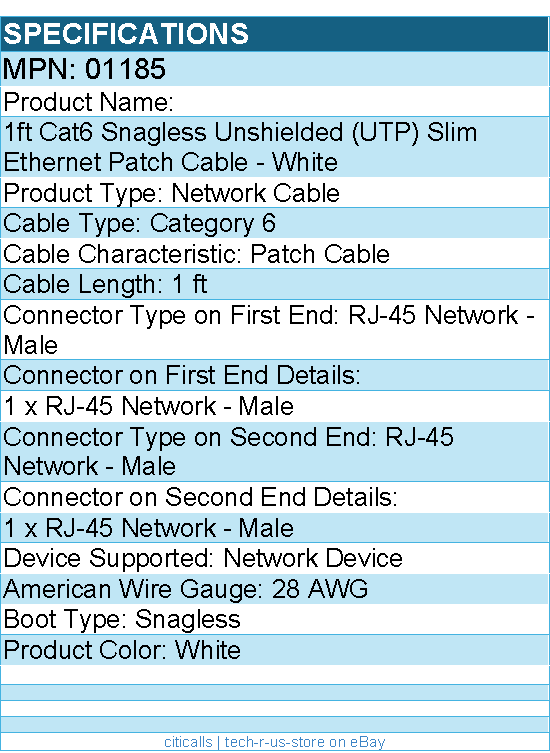C2G 01185 1ft Cat6 Snagless Unshielded (UTP) Slim Ethernet Patch Cable - White