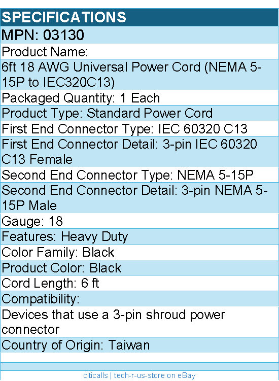 C2G 03130 6ft Power Cord - 18 AWG - NEMA 5-15P to IEC320C13 - Black