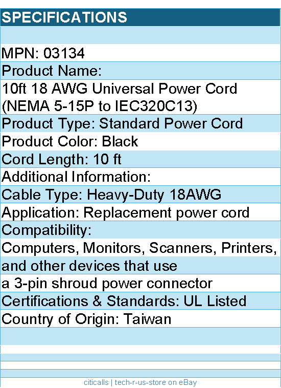 C2G 03134 10ft Power Cord - 18 AWG - NEMA 5-15P to IEC320C13 - Black