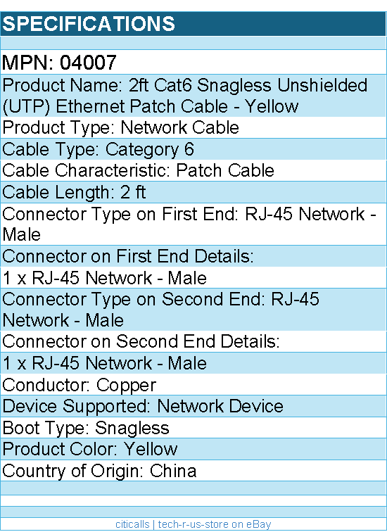 C2G 04007 2ft Cat6 Ethernet Cable - Snagless Unshielded (UTP) - Yellow