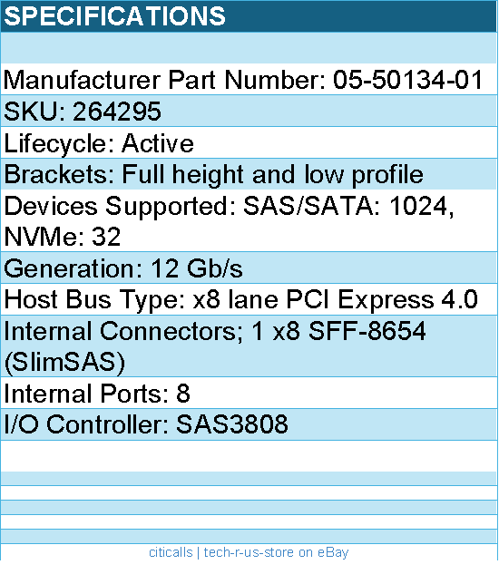 LSI Logic 05-50134-01 Controller Card - 9500-8i Int 12Gbs Tri Mode SATA+SAS+PCIe
