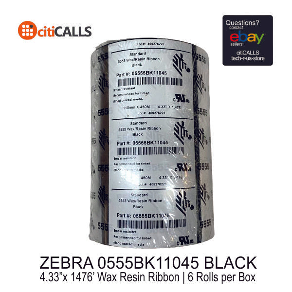 Zebra 05555BK11045 Wax Resin Ribbon 4.33INx1476FT 5555 STND 1" Core Black 6/BOX