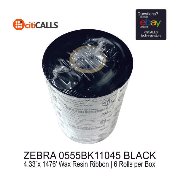 Zebra 05555BK11045 Wax Resin Ribbon 4.33INx1476FT 5555 STND 1" Core Black 6/BOX