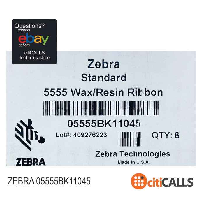 Zebra 05555BK11045 Wax Resin Ribbon 4.33INx1476FT 5555 STND 1" Core Black 6/BOX