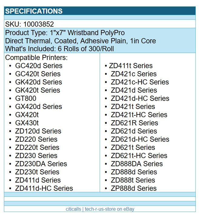 Zebra 10003852 6/Pk 1"x7" Wristband PolyPro Direct Thermal Z-Band Label 300/Roll