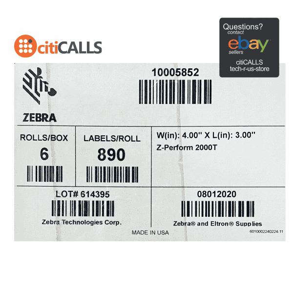 Zebra 10005852 4" x 3" Thermal Transfer Label Z-Perform 2000T 890/Roll 6Rolls