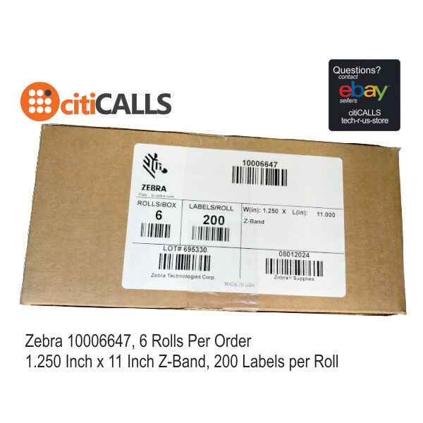 Zebra 10006647 6/Pk 200/Roll 1.25"x11" Direct Thermal Wristband PolyPropy White