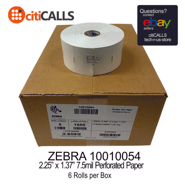 Zebra 10010054 Z-Select 4000D Direct Thermal Tag 7.5 MIL 2.25X1.37 6x1600/Roll