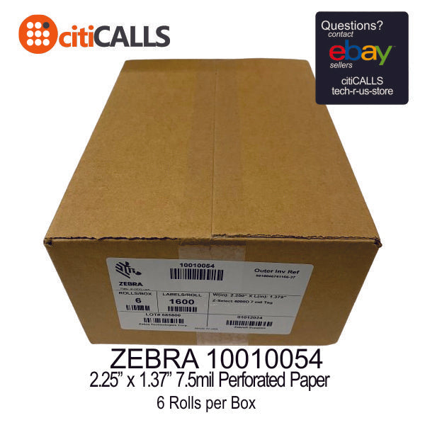 Zebra 10010054 Z-Select 4000D Direct Thermal Tag 7.5 MIL 2.25X1.37 6x1600/Roll