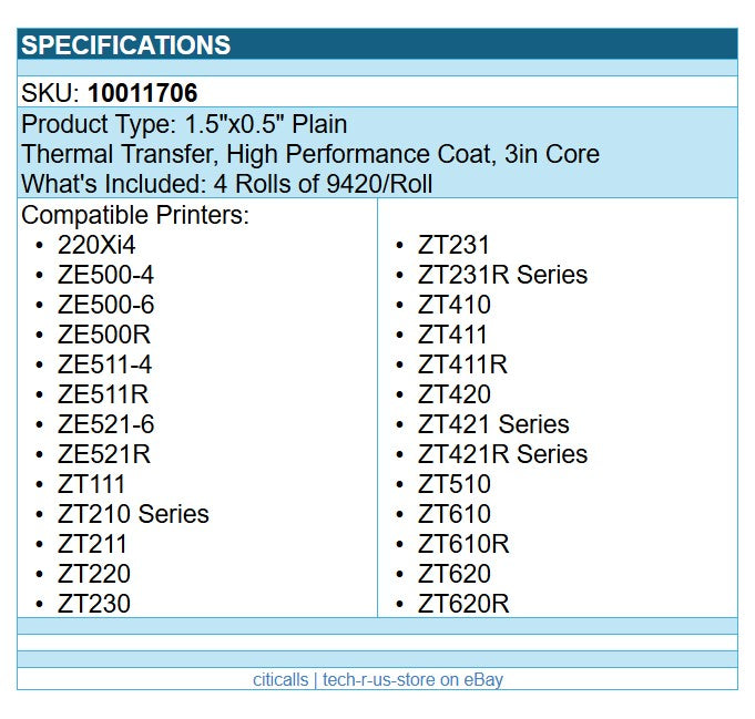 Zebra 10011706 4/Pk 1.5"x.5" Thermal Trans Polyester Label Plain 4000T 9420/Roll