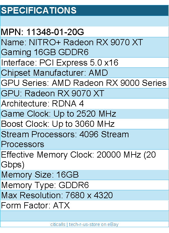 Sapphire 11348-01-20G NITRO+ Radeon RX 9070 XT Gaming 16GB GDDR6 - Graphics Card