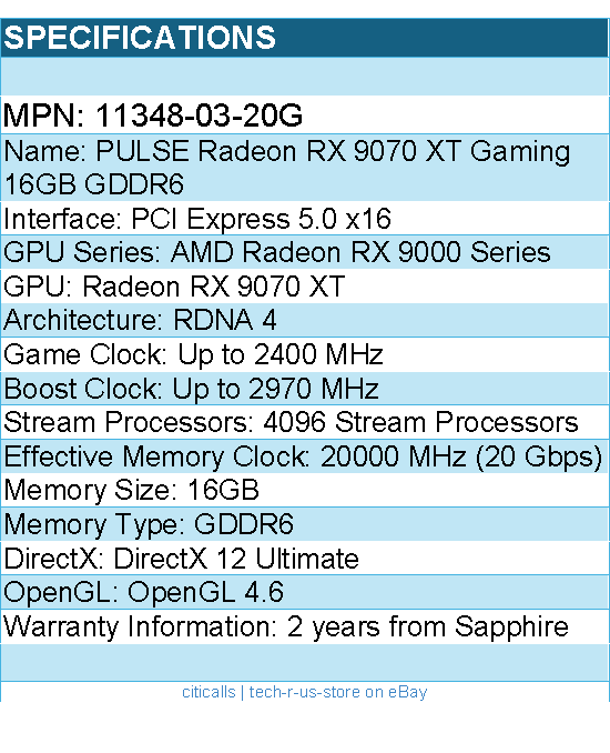 Sapphire 11348-03-20G Video Card -PULSE Radeon RX 9070 XT Gaming 16GB GDDR6