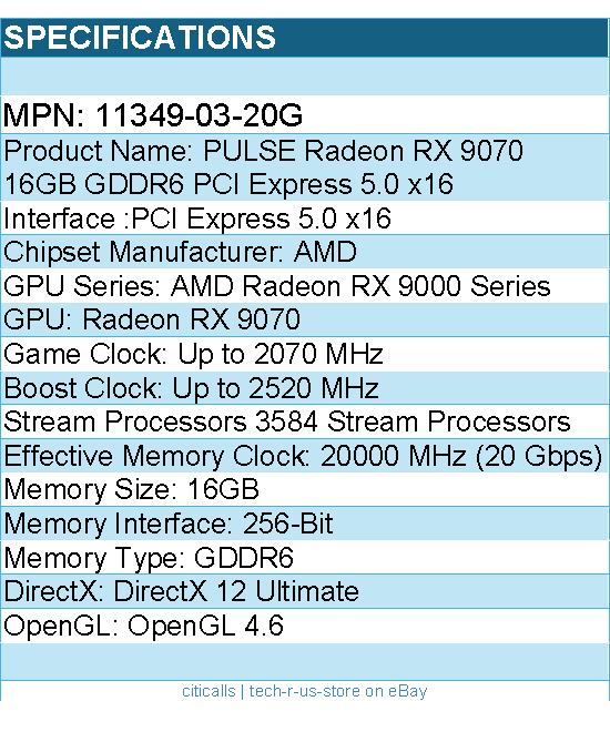 Sapphire 11349-03-20G Video Card - PULSE Radeon RX 9070 Gaming 16GB GDDR6 Retail