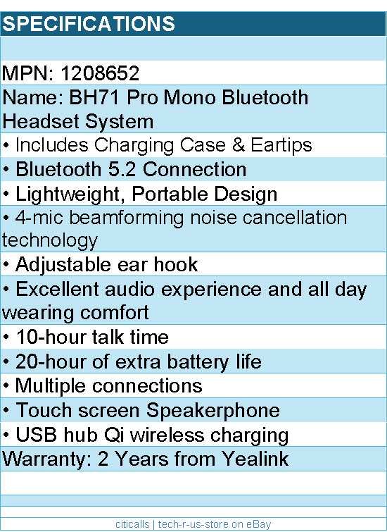 Yealink Headset 1208652 BH71 Pro Mono Bluetooth Headset System