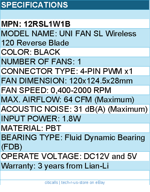 Lian-Li 12RSL1W1B UNI FAN SL 120 Wireless RGB 120mm Fan Reverse Blade - Black