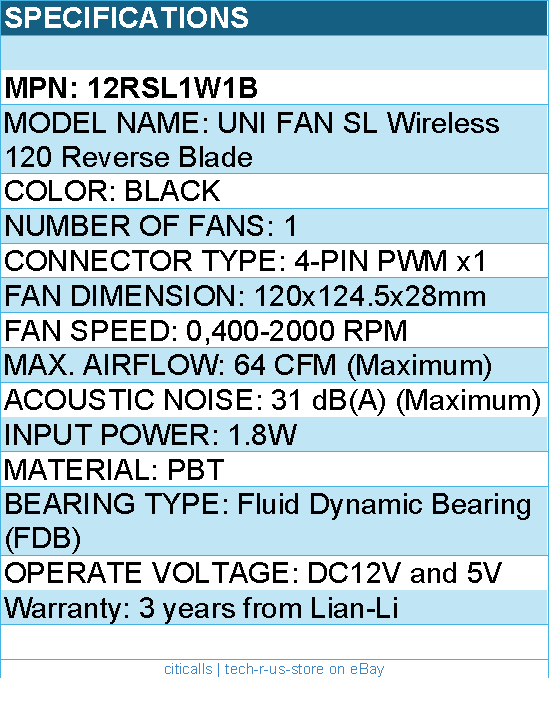 Lian-Li 12RSL1W1B UNI FAN SL 120 Wireless RGB 120mm Fan Reverse Blade - Black