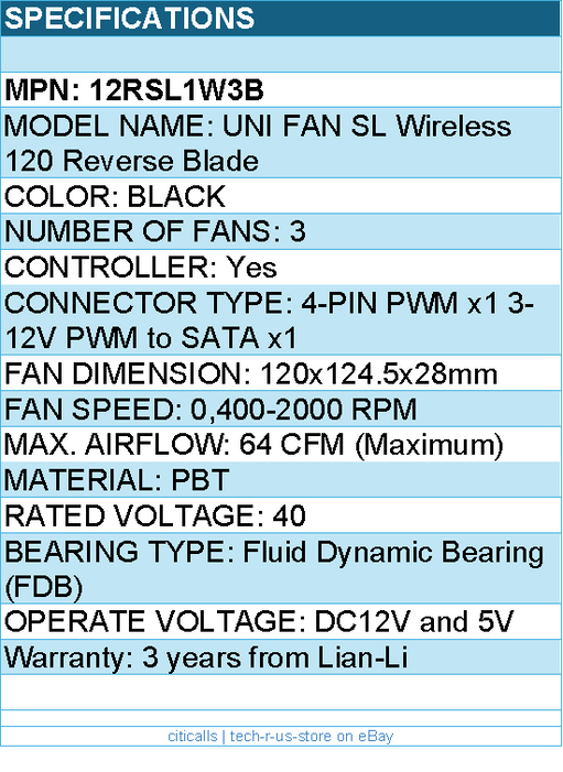 Lian-Li 12RSL1W3B Case Fan - UNI FAN SL 120 Wireless RGB 120mm Reverse Blade