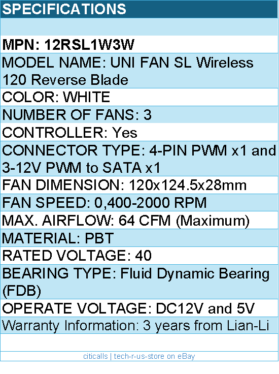 Lian-Li 12RSL1W3W UNI FAN SL 120 Wireless RGB 120mm Fan Reverse Blade White
