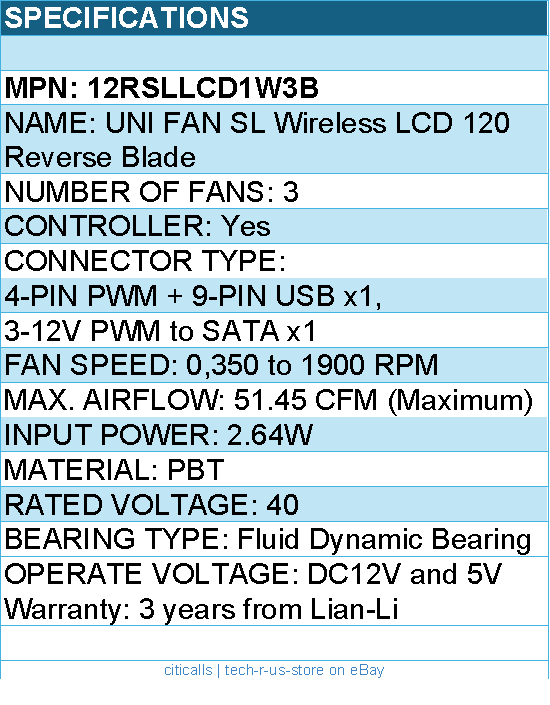 Lian-Li 12RSLLCD1W3B Case Fan - UNI FAN SL 2.4GHz Wireless 1.6 LCD RGB