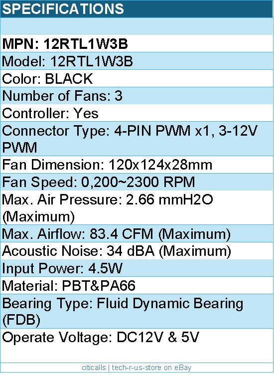 Lian-Li 12RTL1W3B Case Fan - FDB Black 120x120x28 mm 3 pcs reverse blade Retail