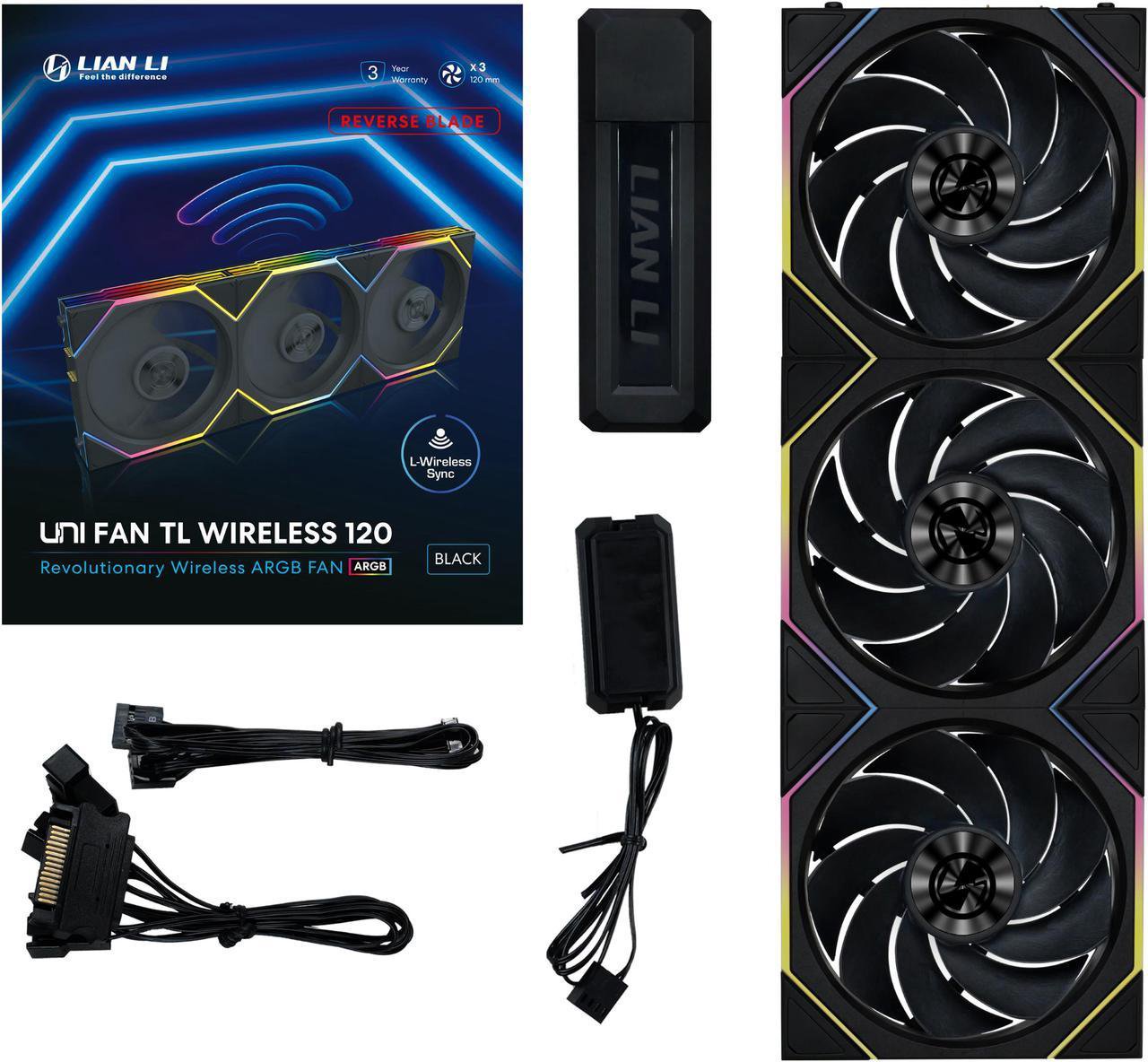 Lian-Li 12RTL1W3B Case Fan - FDB Black 120x120x28 mm 3 pcs reverse blade Retail