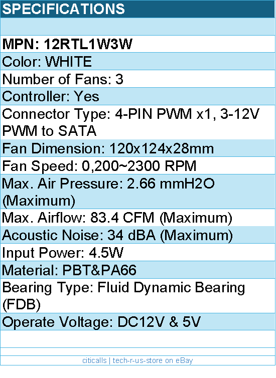 Lian-Li 12RTL1W3W Case Fan -FDB -White 120x120x28 mm 3 pcs reverse blade -Retail