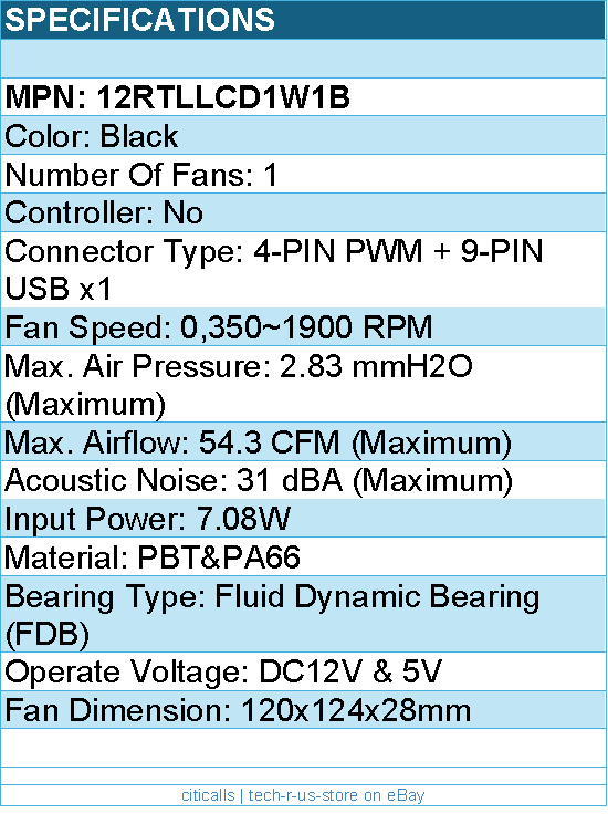 Lian-Li 12RTLLCD1W1B Case Fan - FDB - Black 120x120x28 mm Reverse Blade