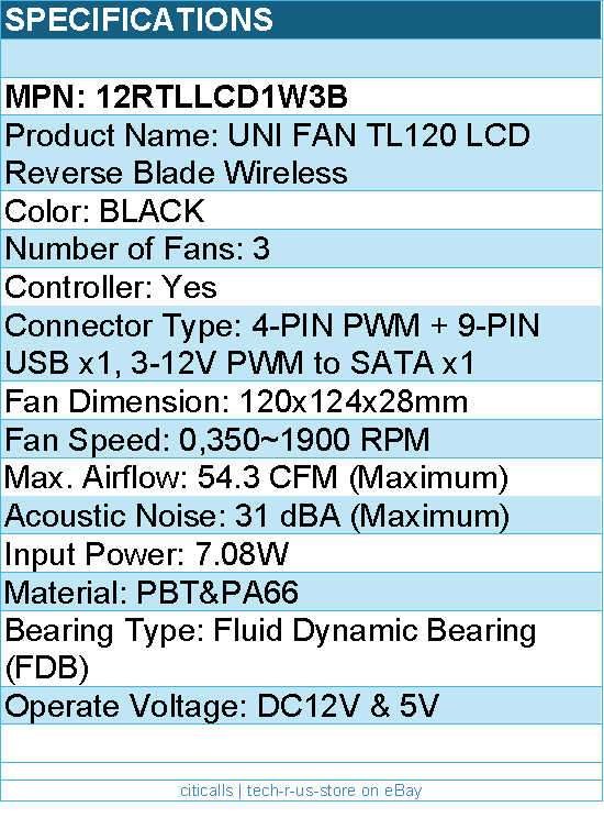 Lian-Li 12RTLLCD1W3B Case Fan - FDB - Black 120x120x28 mm Reverse Blade