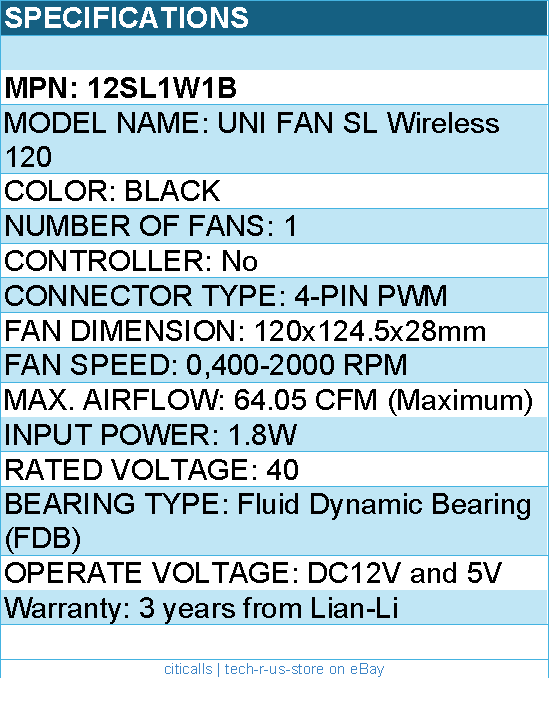 Lian-Li 12SL1W1B UNI FAN SL 120 Wireless RGB 120mm Fan Black Retail