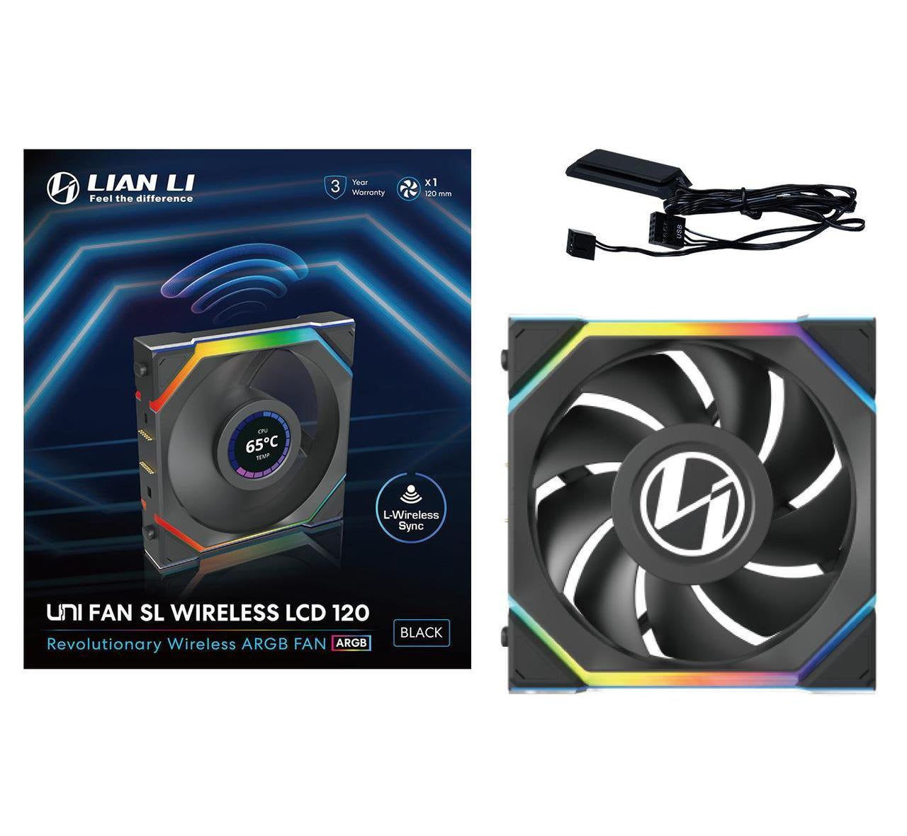 Lian-Li 12SLLCD1W1B Case Fan - UNI FAN SL 2.4GHz Wireless 1.6 LCD RGB 120mm