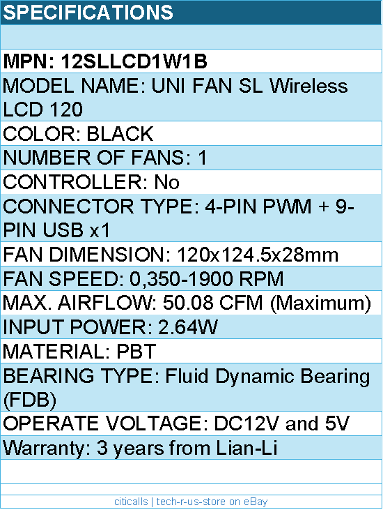 Lian-Li 12SLLCD1W1B Case Fan - UNI FAN SL 2.4GHz Wireless 1.6 LCD RGB 120mm