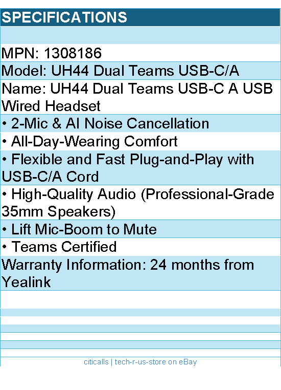 Yealink 1308186 UH44 Dual Teams USB-C A USB Wired Headset Retail
