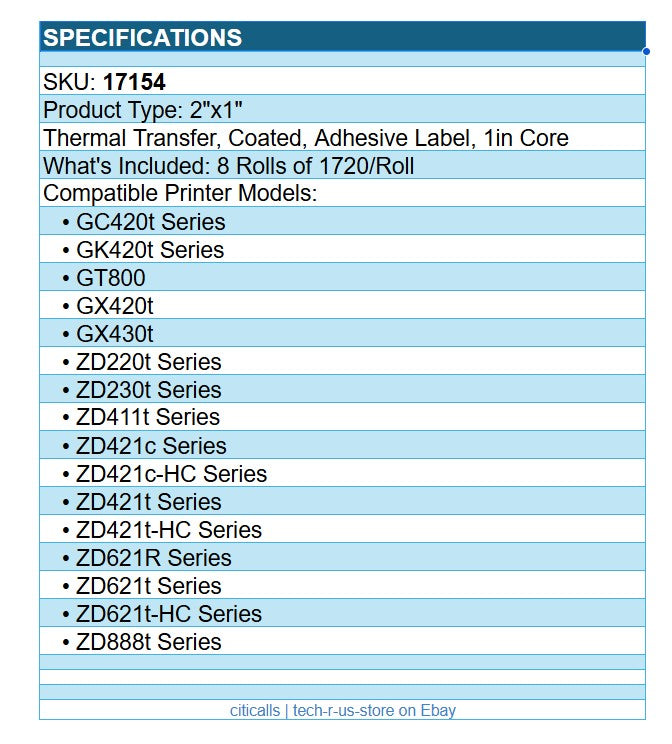 Zebra 17154 8/Pk 2"x1" Thermal Transfer PolyProp 3000 Adh Label White 1720/Roll