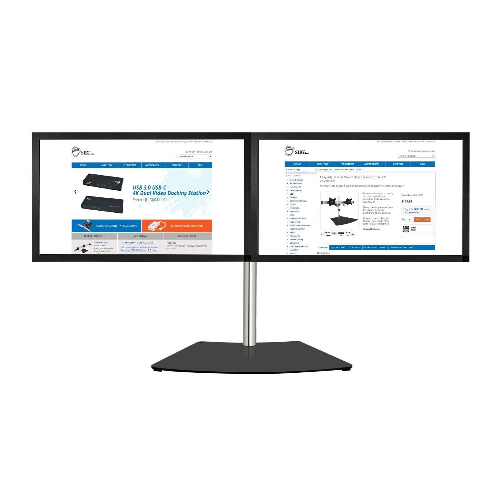 SIIG CE-MT2011-S1 Easy-Adjust Dual Monitor Desk Stand - 13" to 27