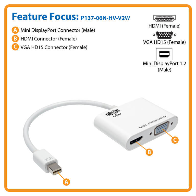 Tripp Lite P137-06N-HV-V2W 6IN Mini DisplayPort HDMI VGA 4K Adapter Converter WH