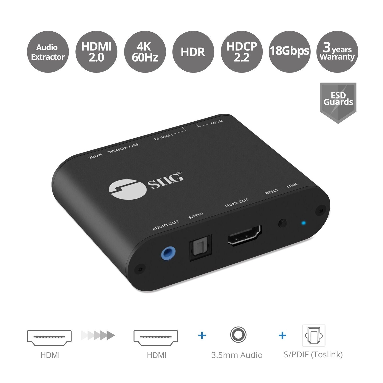 SIIG CE-H24F11-S1 HDMI 2.0 4K HDR with Audio Extractor & ARC - HDMI 18Gbps Video
