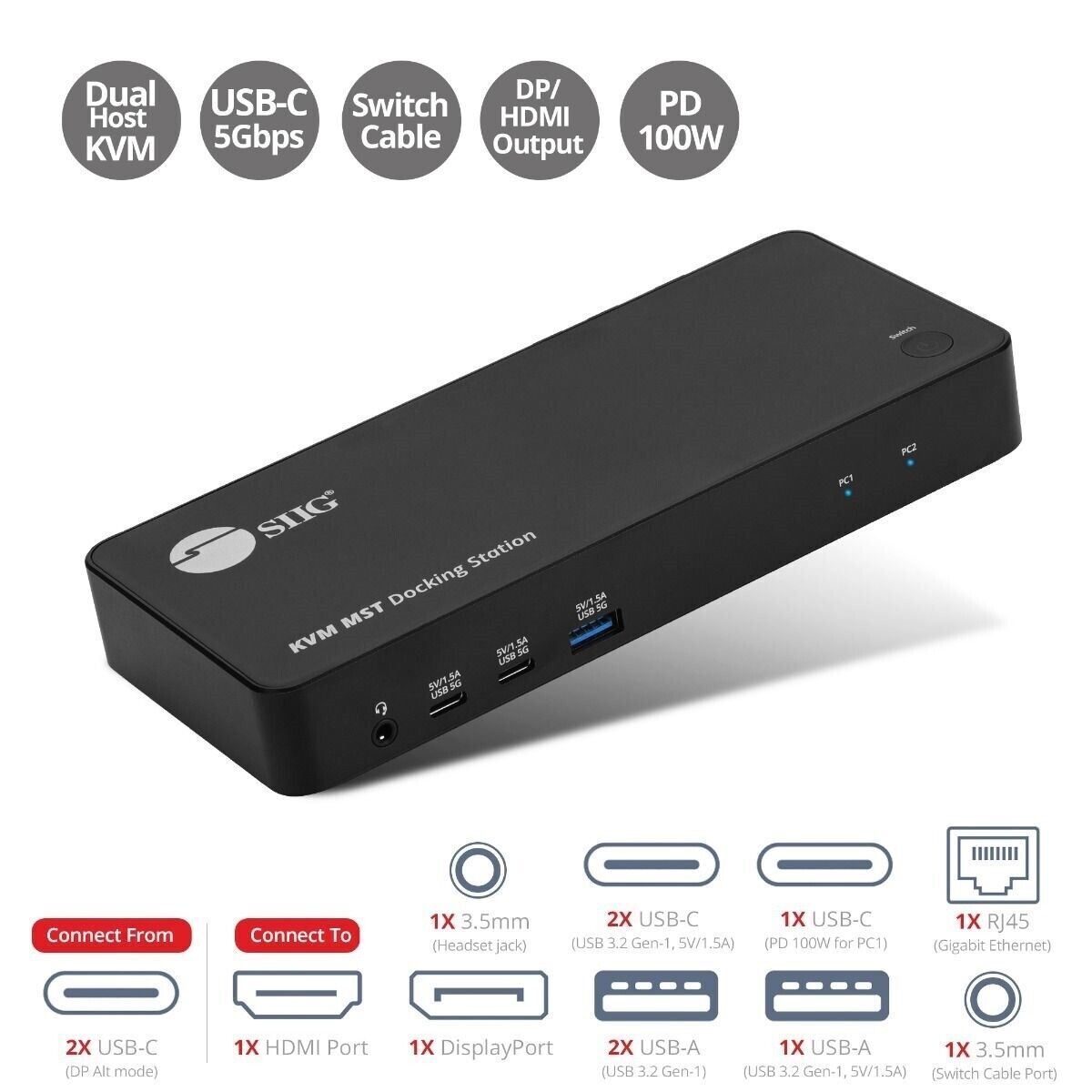 SIIG CE-DK0111-S1 Dual Host 4K USB-C KVM MST Docking Station w PD Brown Box