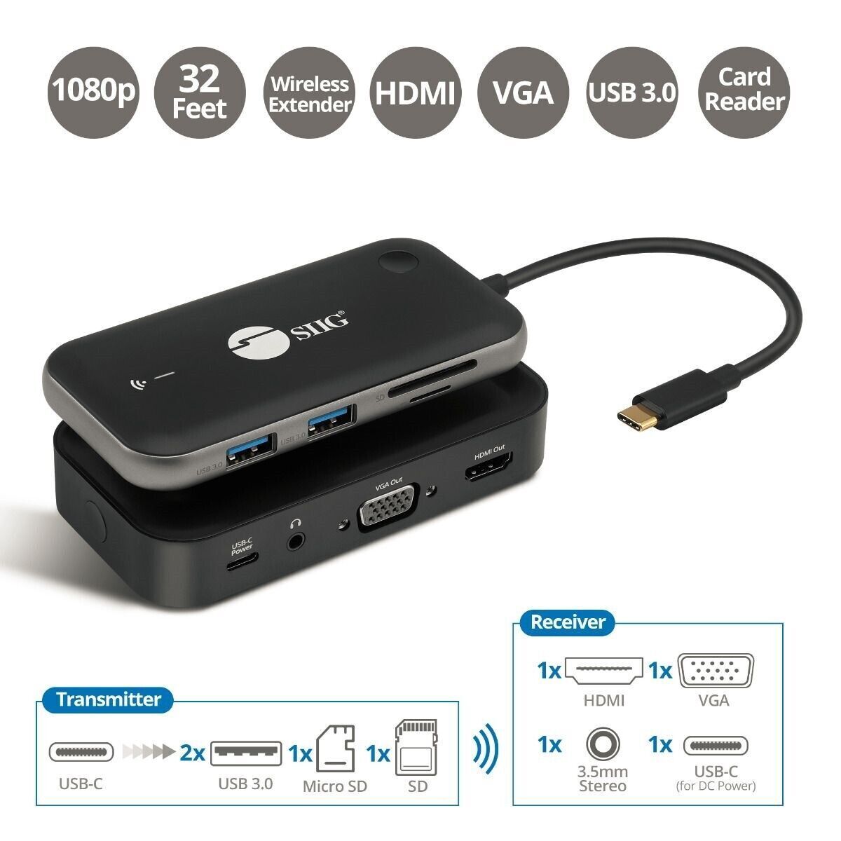 SIIG CE-H26P11-S1 1080p Wireless USB-C Video Hub Extender - 32ft Color Box