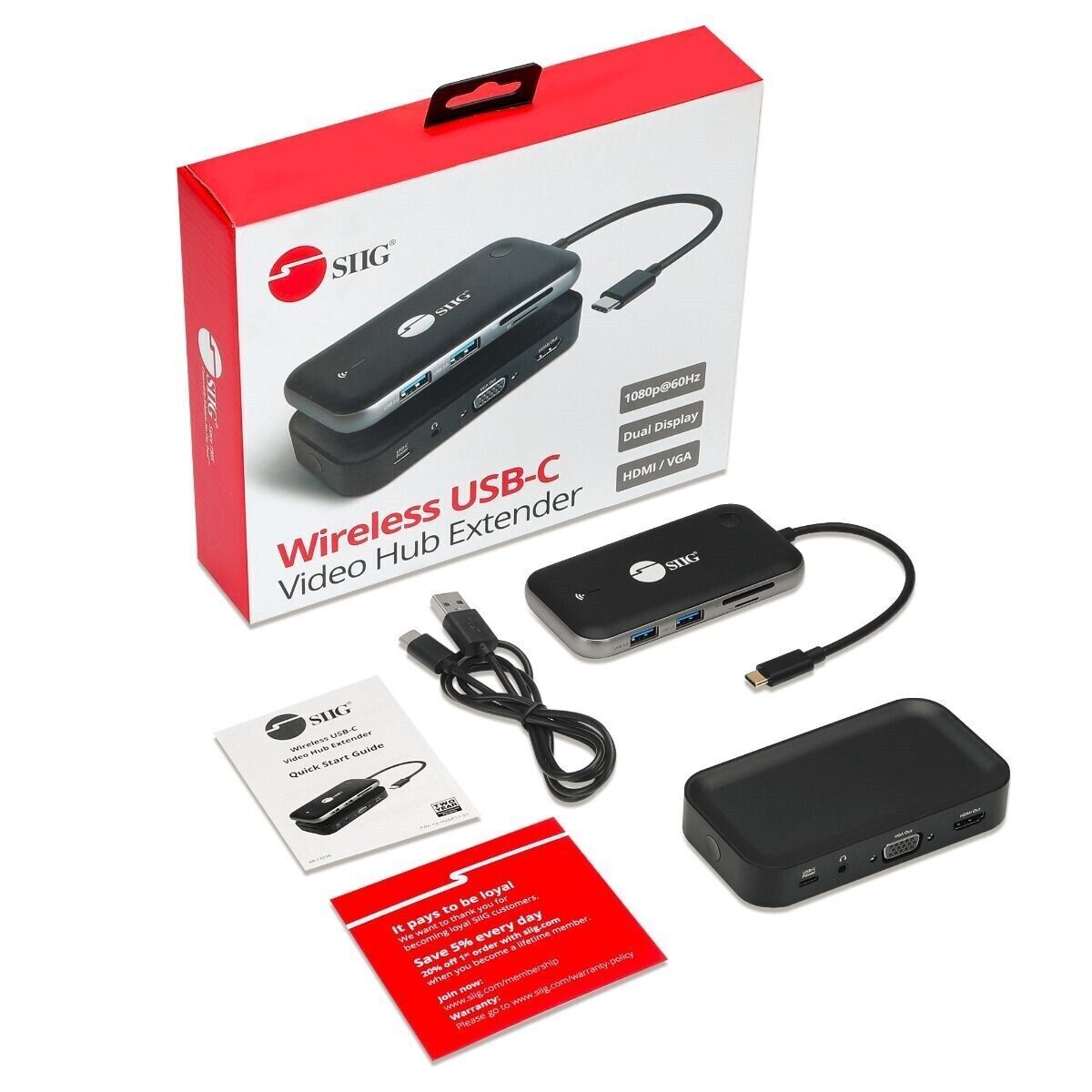 SIIG CE-H26P11-S1 1080p Wireless USB-C Video Hub Extender - 32ft Color Box