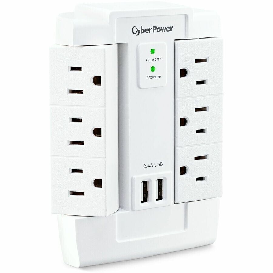 CyberPower CSP600WSURC2 6 Outlet Surge Protection w 2 USB 1200J Wall Plug WHITE