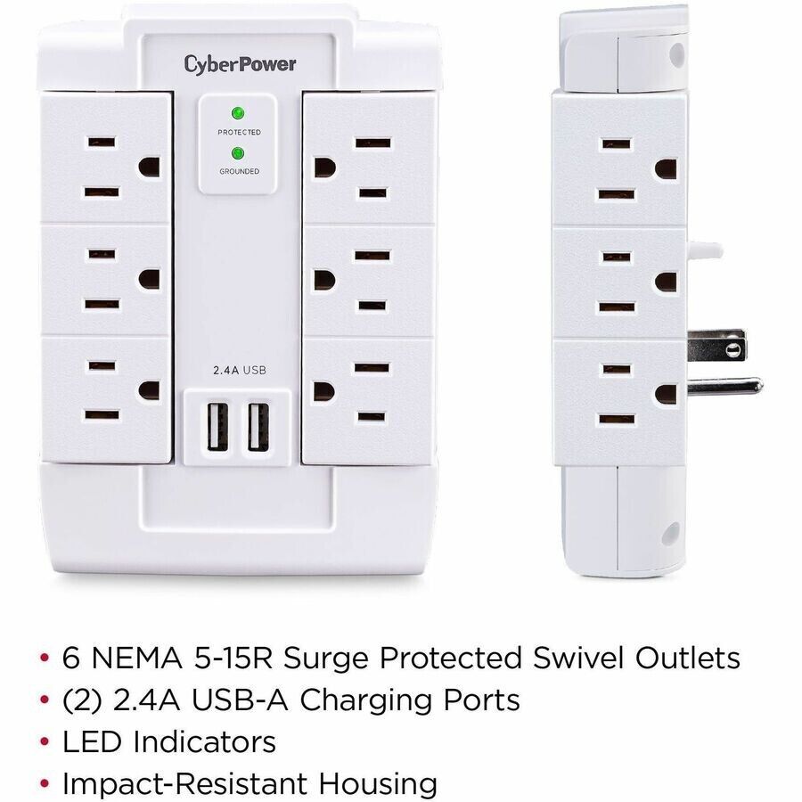 CyberPower CSP600WSURC2 6 Outlet Surge Protection w 2 USB 1200J Wall Plug WHITE