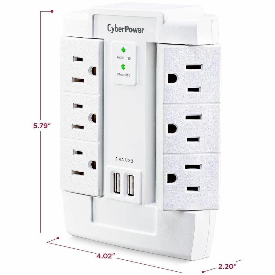 CyberPower CSP600WSURC2 6 Outlet Surge Protection w 2 USB 1200J Wall Plug WHITE