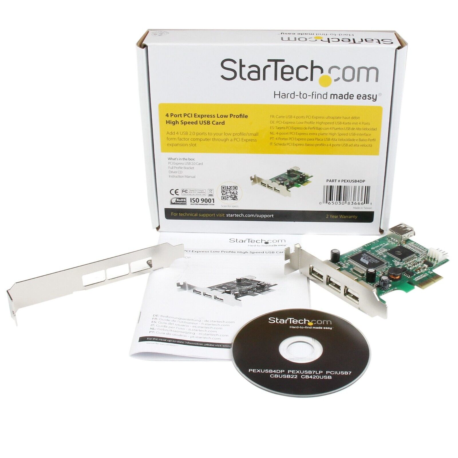 StarTech PEXUSB4DP 4 Port USB 2.0 PCIe Card Low Profile Expansion Card