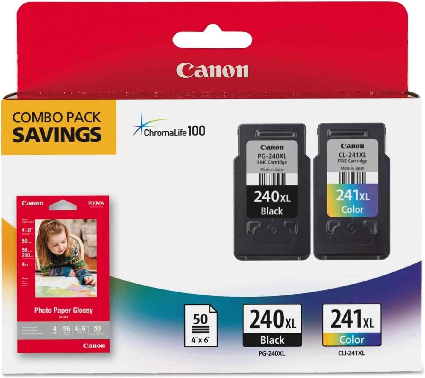 Canon 5206B005 PG-240XL CL-241XL HiYld Ink Cartridge Combo Pack w 50-4"x6" Paper