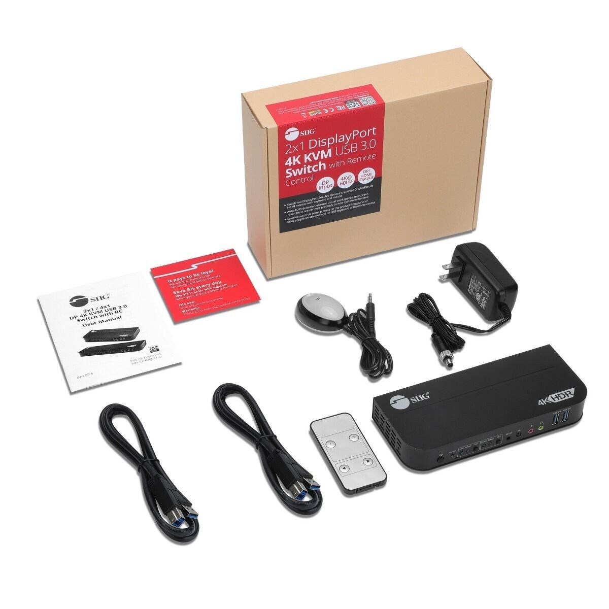 SIIG CE-KV0C11-S1 2x1 DisplayPort 4K KVM USB 3.0 Switch w Remote Control 4K 60Hz