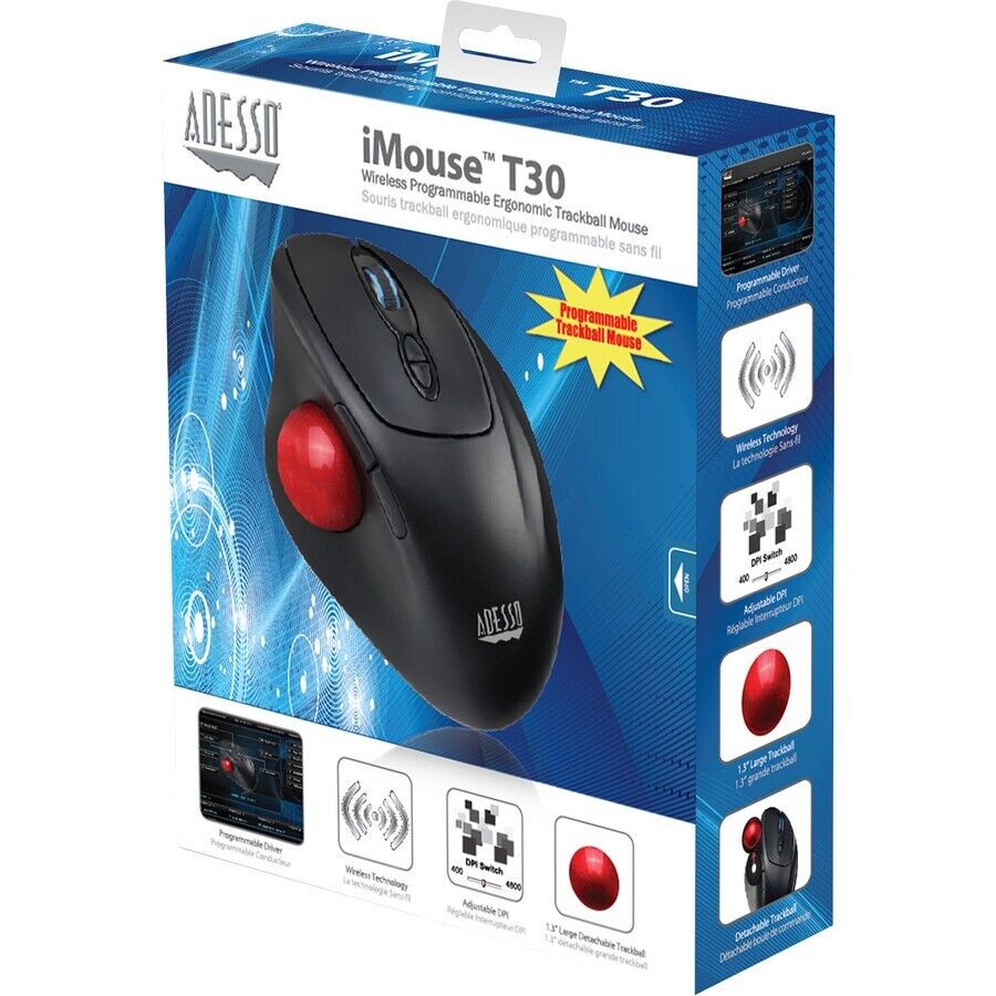 Adesso iMouse T30 Wireless Programmable Ergonomic Trackball Mouse 7 Btns 4800dpi