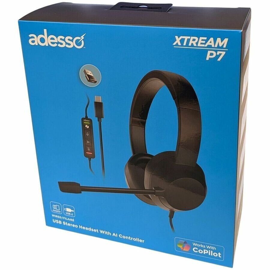Adesso Xtream P7 USB-A/C Stereo Headset AI Controls Omni Boom Microphone Black