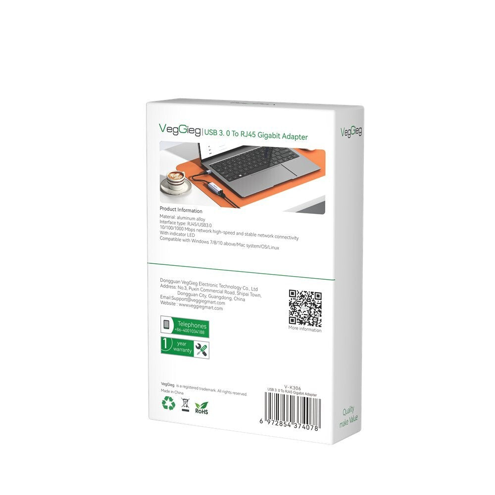 VegGieg V-K306 USB to Ethernet Adapter, Driver Free USB 3.0 to 100/1000 Gigabit